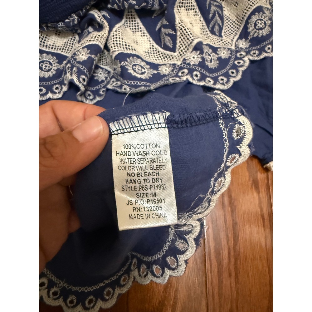 Blue Off Shoulder Eyelet Embroidery Ruffle Cotton Boho Blouse Top  M - Picture 3 of 6